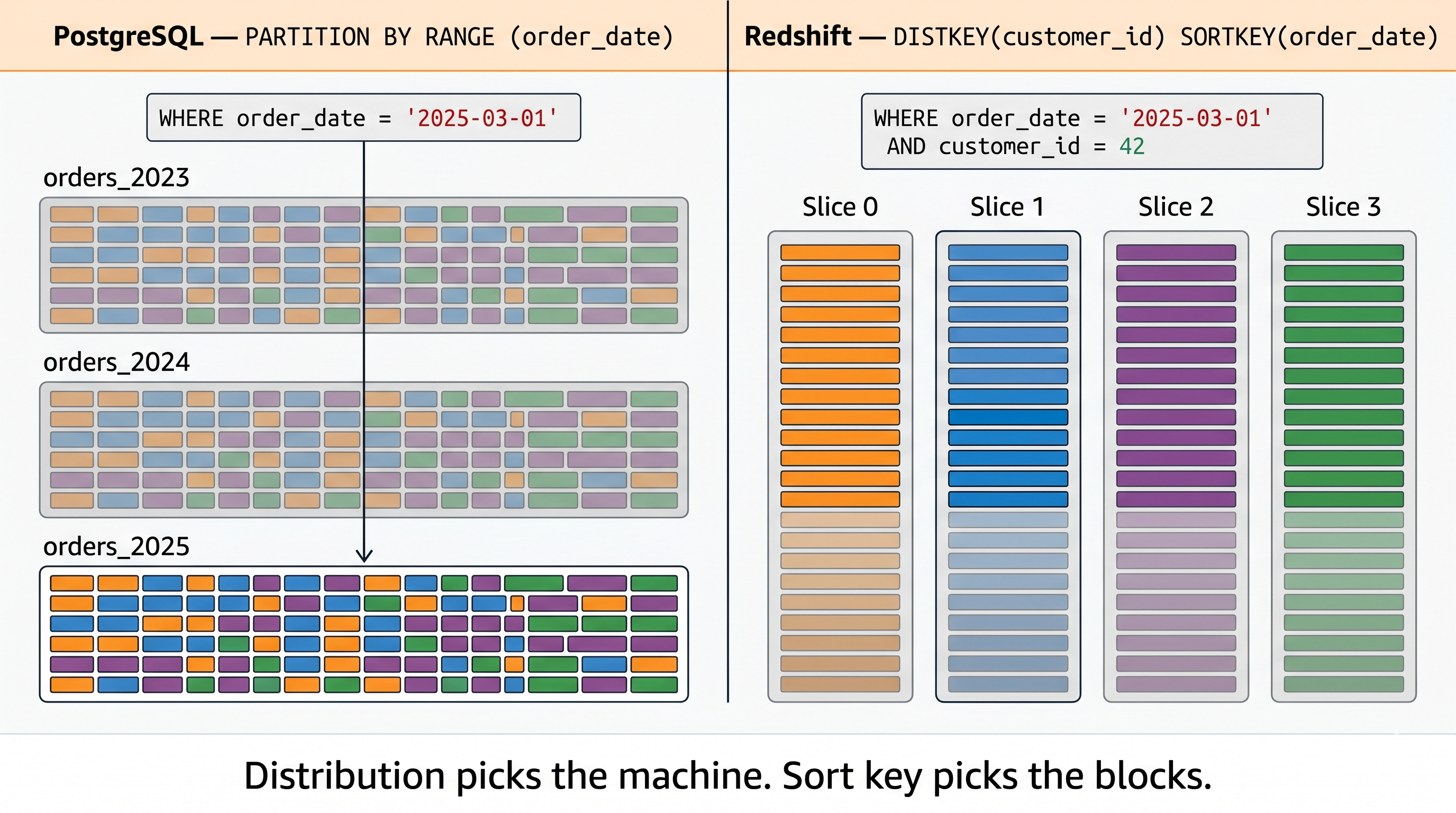 Side-by-side diagram comparing PostgreSQL PARTITION BY RANGE on order_date with Amazon Redshift DISTKEY on customer_id and SORTKEY on order_date, showing partition slabs vs distributed slices with sorted blocks
