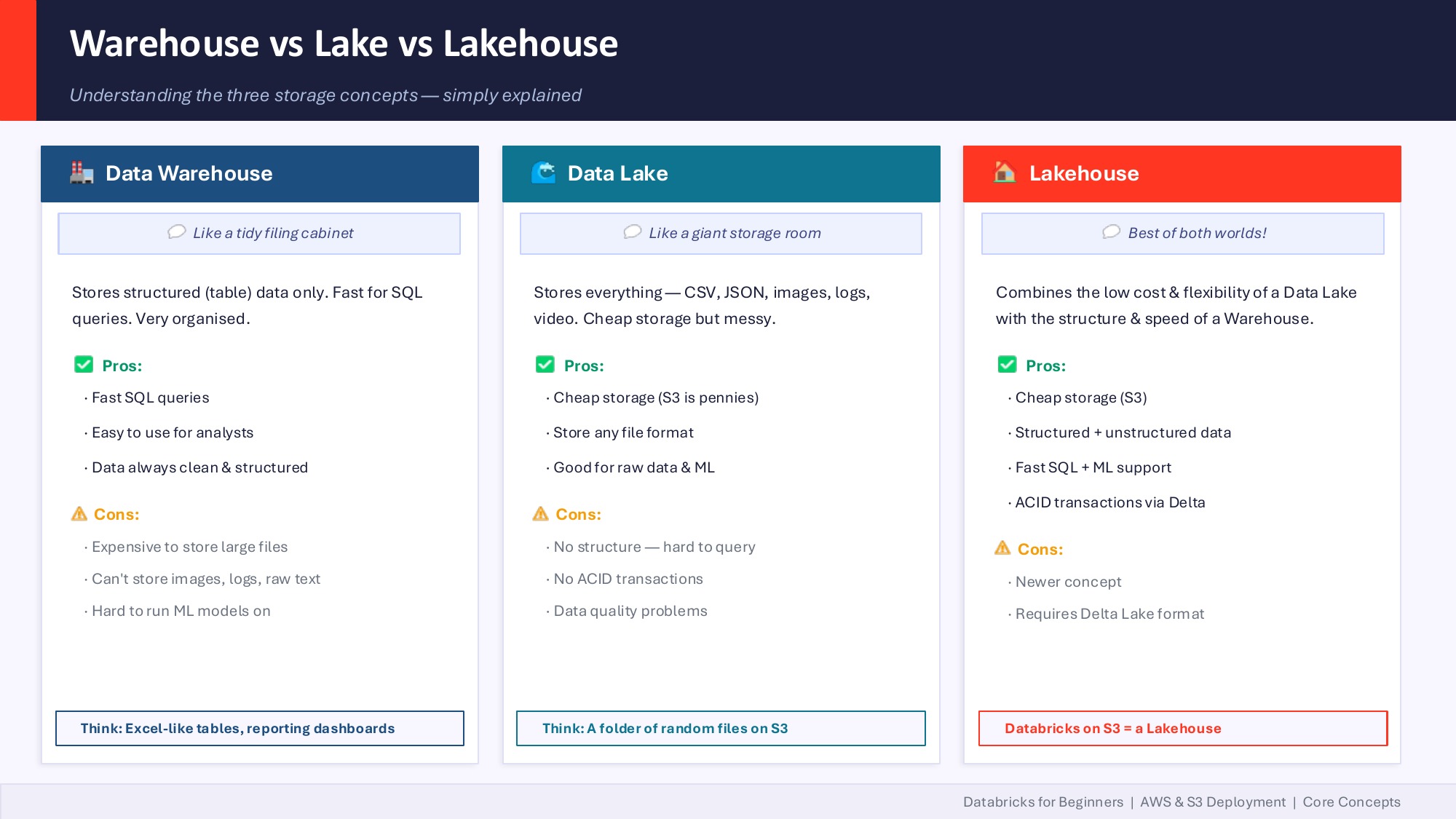 Slide 11 — Warehouse vs Lake vs Lakehouse