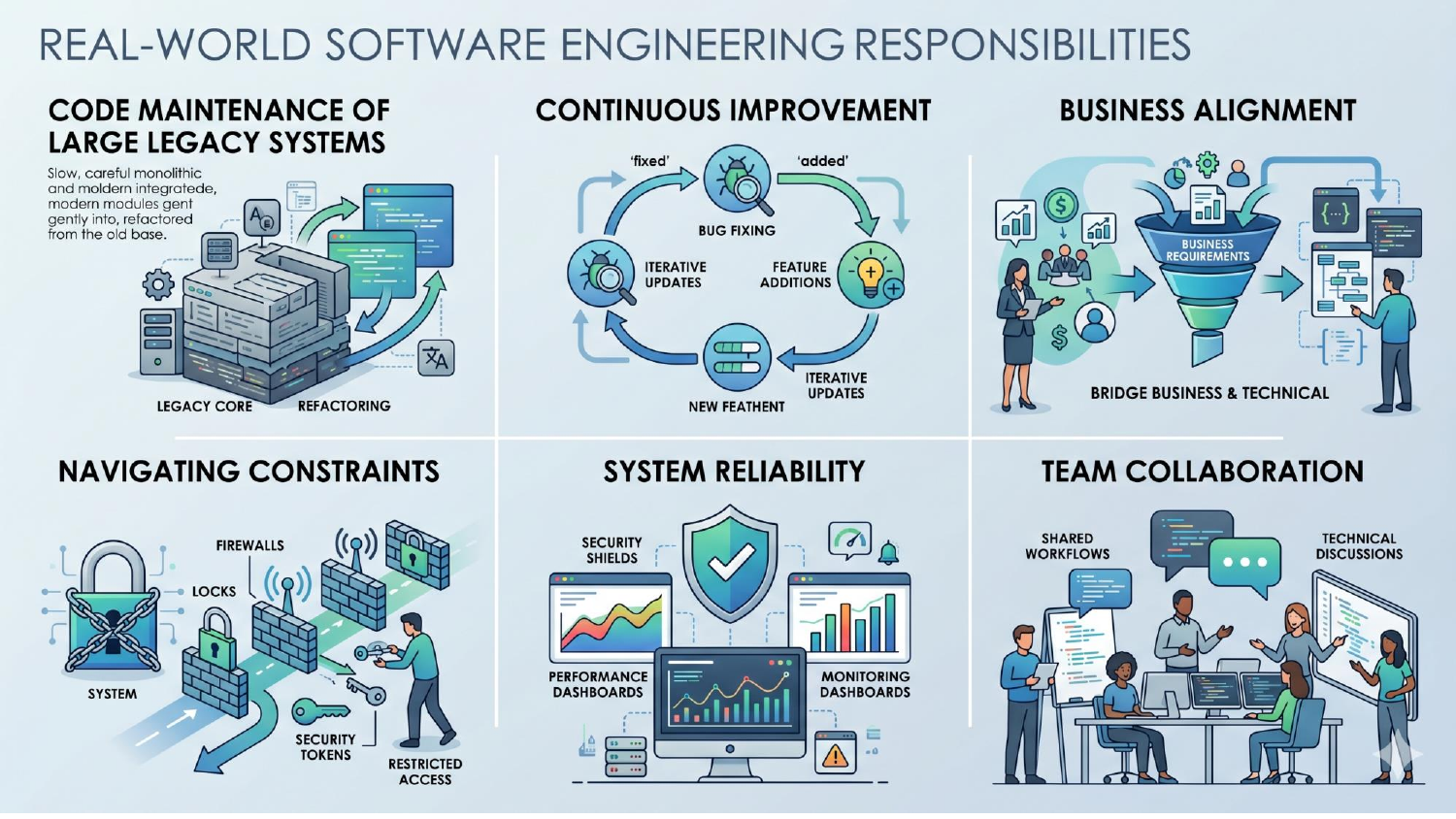 Six real-world software engineering responsibilities