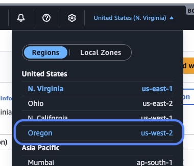 Region picker set to Oregon