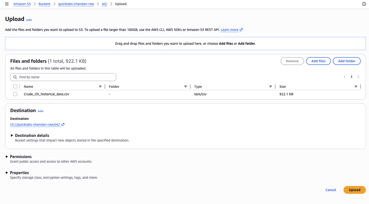 Uploading CSV into the raw/oil/ folder
