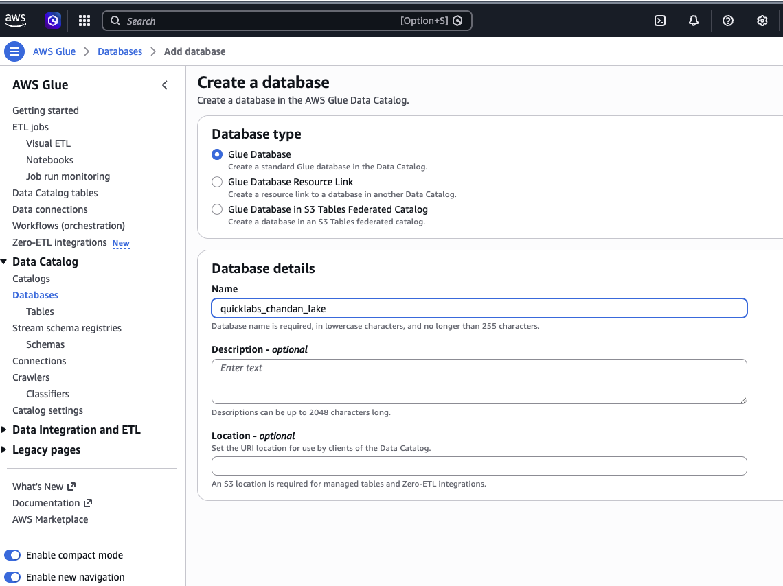 Creating a Glue database