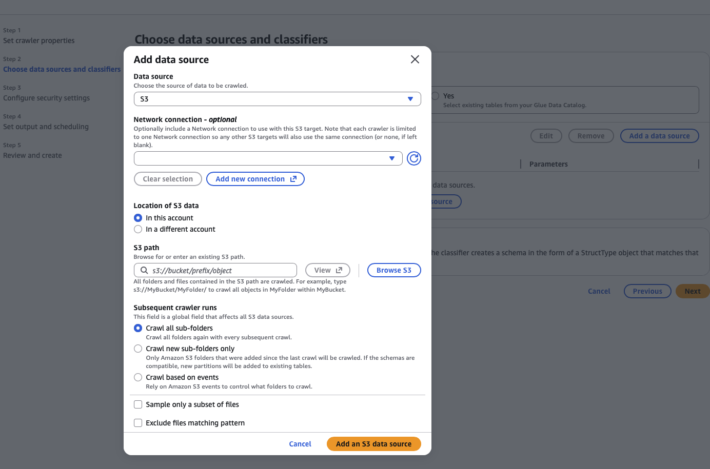 Crawler creation wizard - data source step