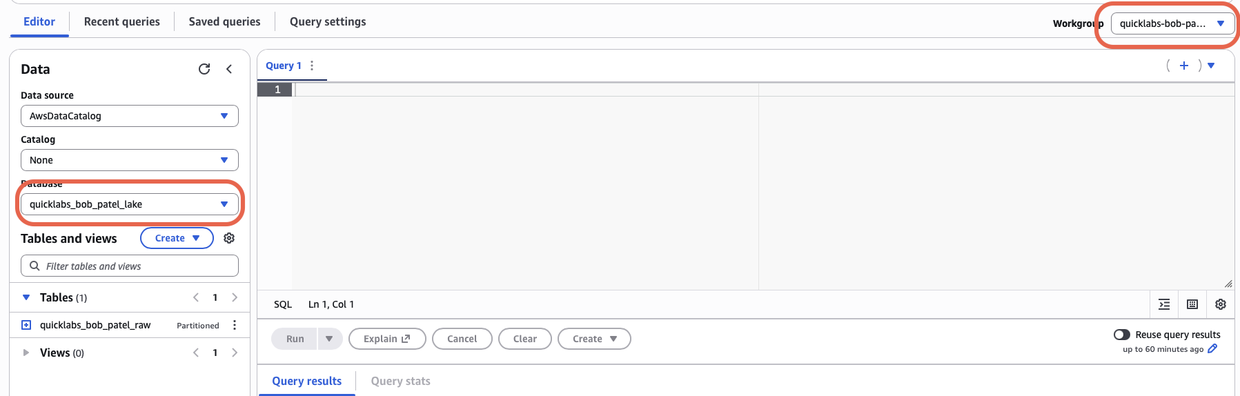 Athena editor with workgroup and database selected