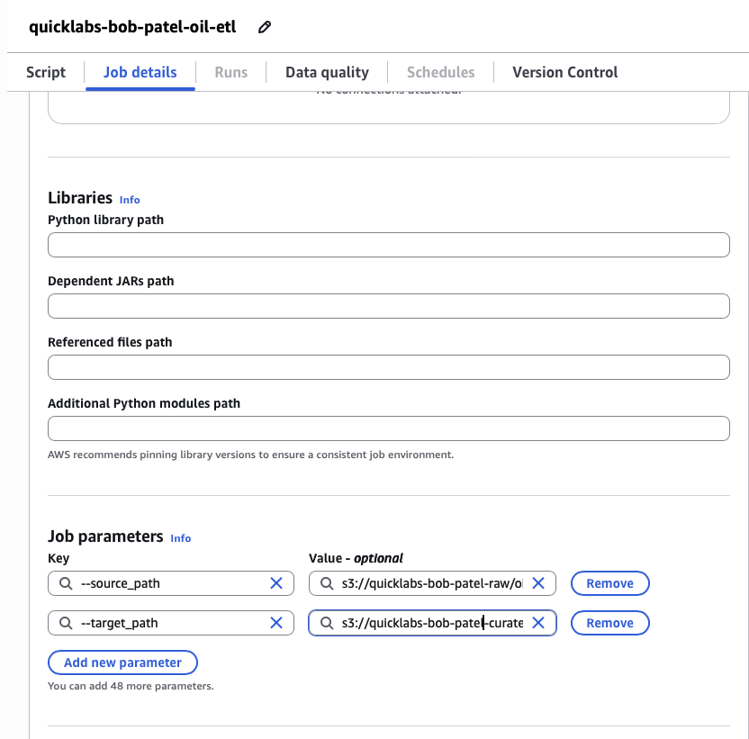 Glue ETL job details - role, version, workers, parameters