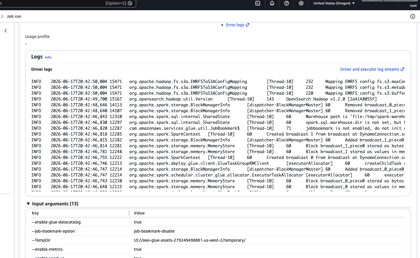 CloudWatch logs for ETL job