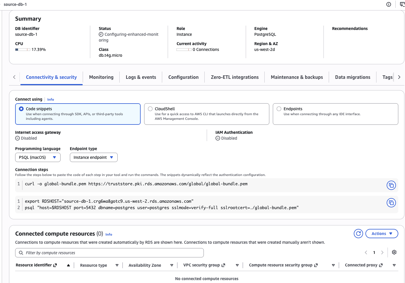 RDS instance available with connection strings