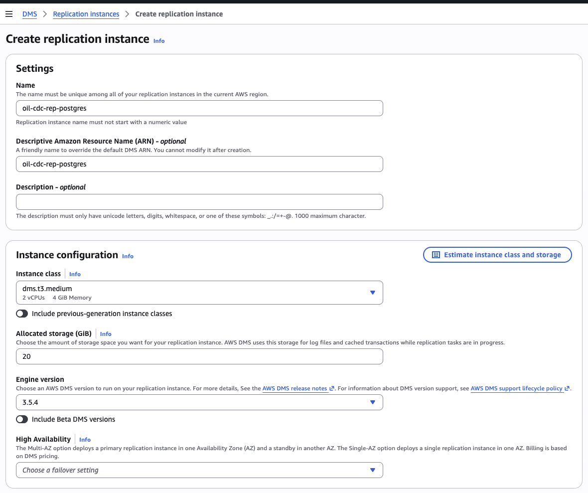 DMS replication instance — Settings