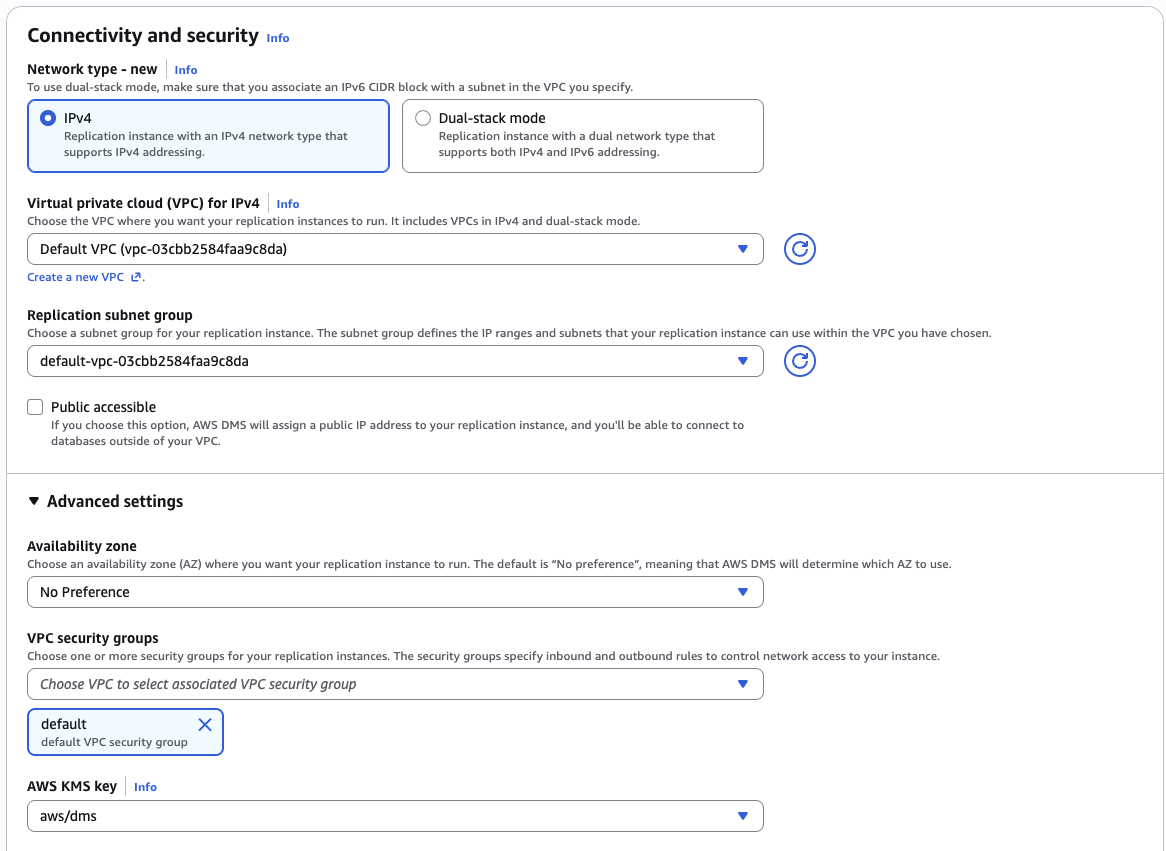 DMS replication instance — VPC and connectivity