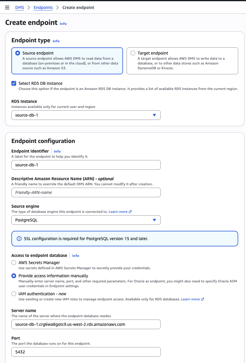 Source endpoint configuration