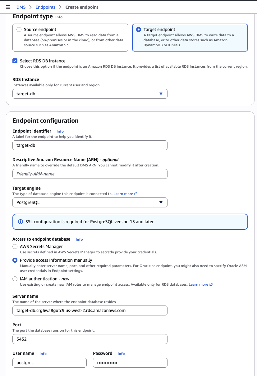 Target endpoint configuration — PostgreSQL