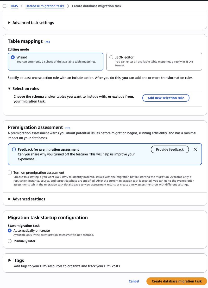 Create migration task — table mappings