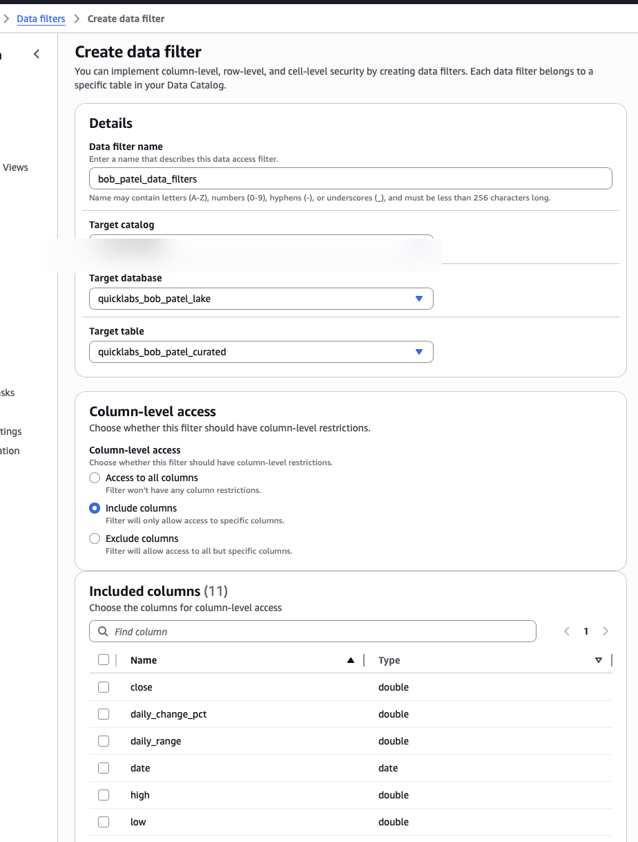Create data filter — column access settings