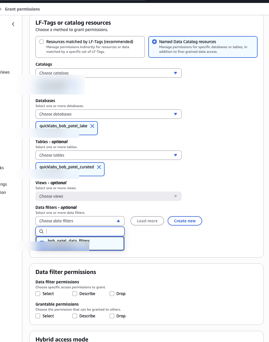 Grant permissions using the data filter — principal selection