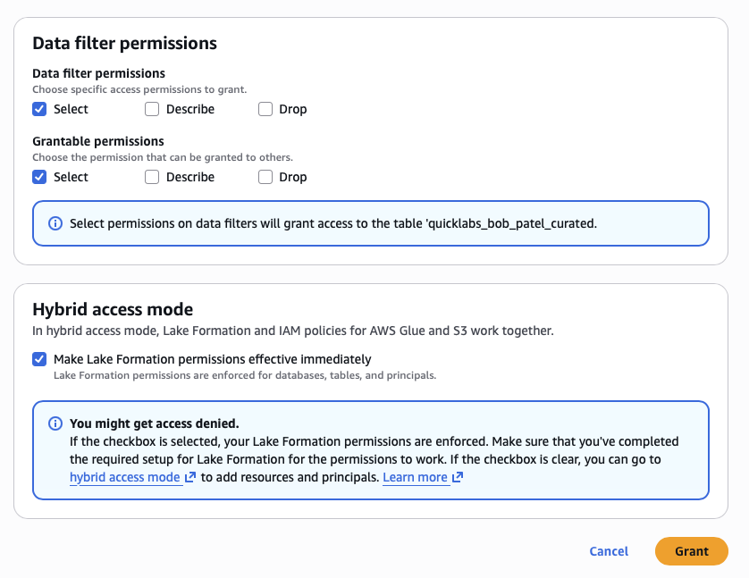 Grant permissions using the data filter — filter selection