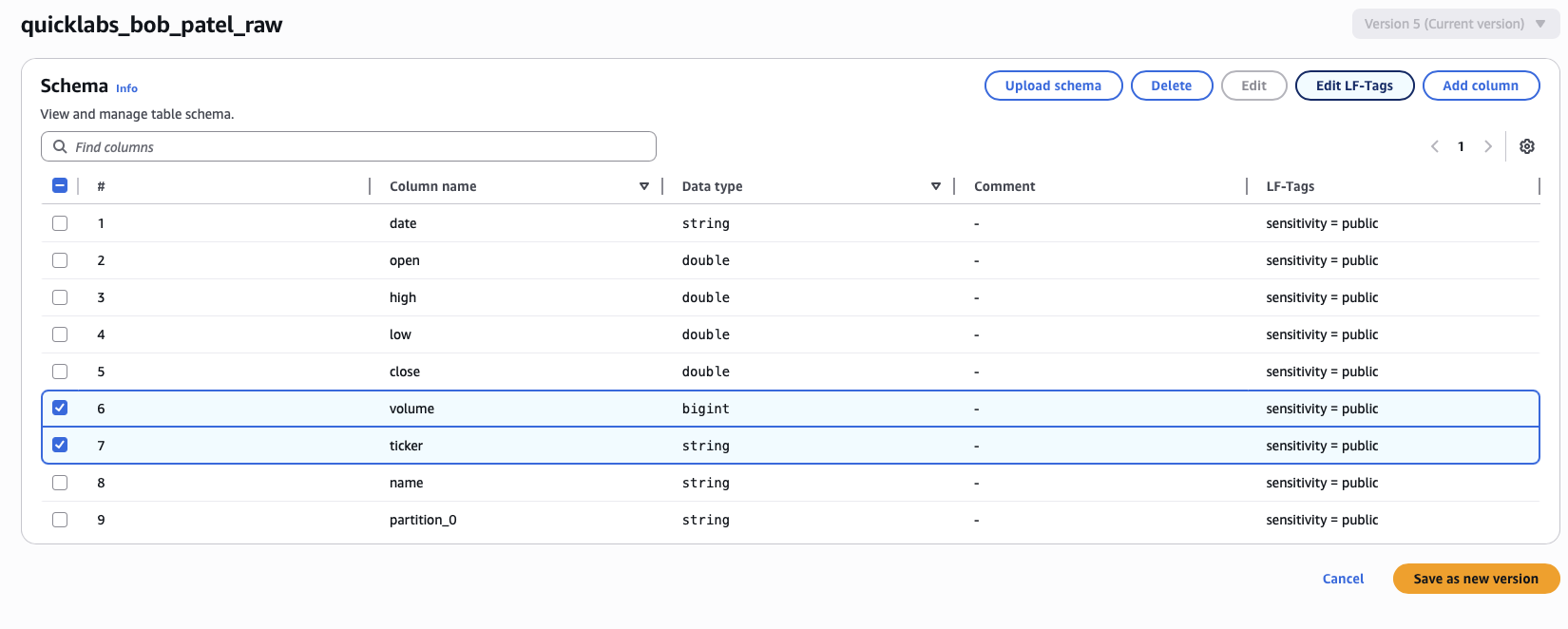 Edit LF-Tag on volume column