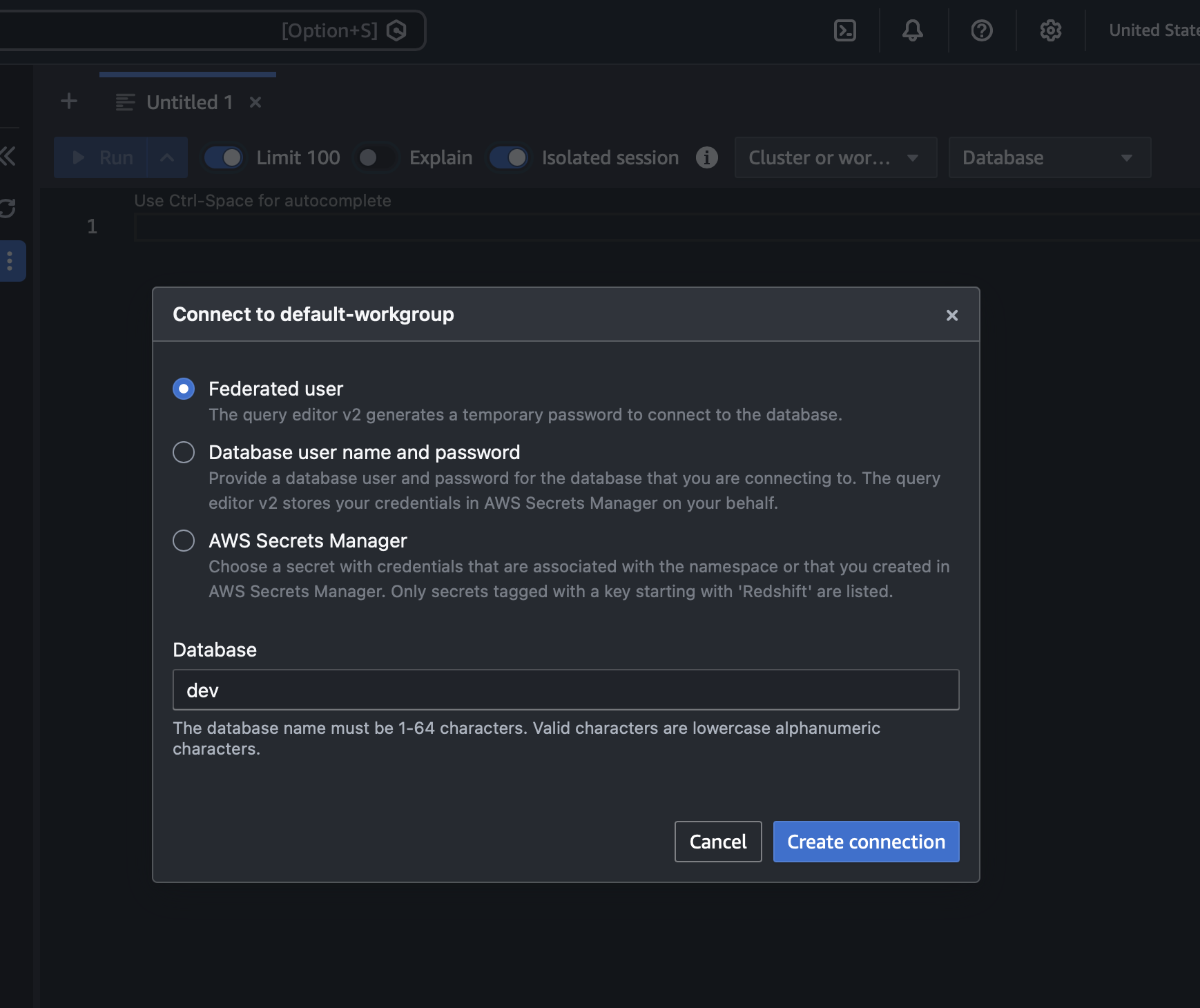 Connect to workgroup dialog